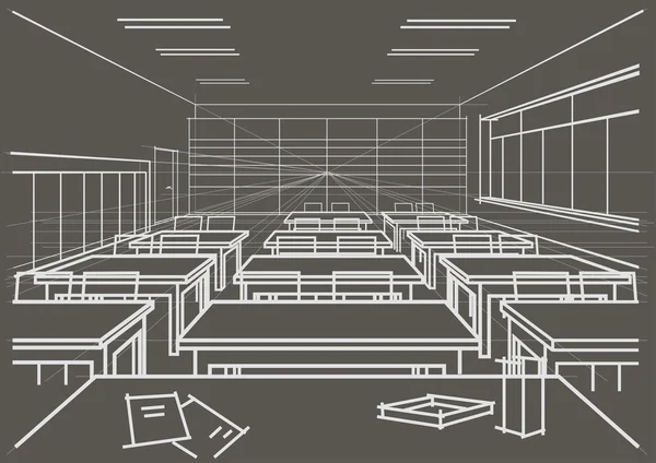 Lineare architektonische Skizze Innenraum Klassenzimmer auf grauem Hintergrund — Stockvektor