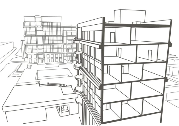 建築の直線スケッチ高層アパート。断面図面 — ストックベクタ