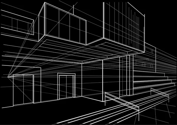 Architectural sketch of a cubic building black background — Stock Photo, Image