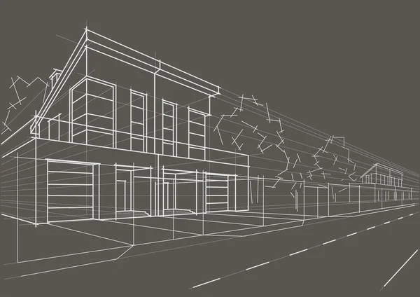 Esbozo arquitectónico lineal bloqueado casas sobre fondo gris — Vector de stock