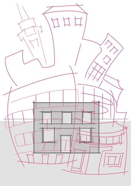 灰色の現実の背景に線形抽象建築スケッチ想像力ゲーム — ストックベクタ