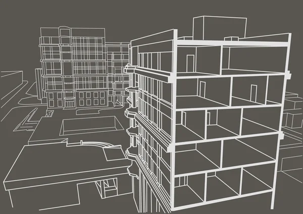 Építészeti lineáris vázlat sokemeletes tömbházban. Alátétcsomag szürke háttér — Stock Vector