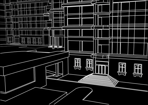 Arkitektoniska linjär skiss av byggnad i några nivåer svart bakgrund — Stock vektor
