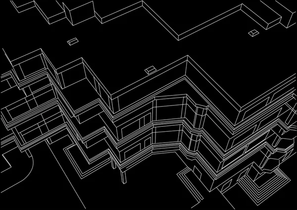 Edificio de boceto lineal arquitectónico sobre fondo negro — Archivo Imágenes Vectoriales