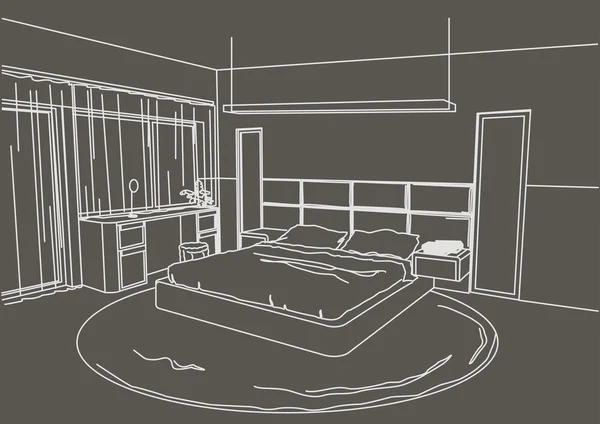 Архітектурний ескіз інтер'єру сучасної спальні сірий фон — стоковий вектор