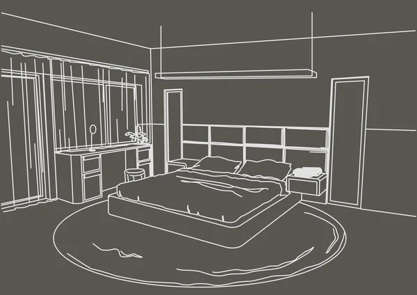 Dibujo arquitectónico interior moderno dormitorio gris fondo — Vector de stock