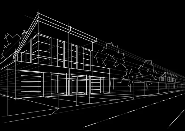 Schizzo architettonico lineare bloccato case su sfondo nero — Vettoriale Stock