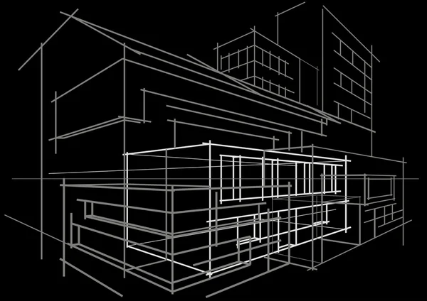 Lineare architektonische Skizze Konzept abstraktes Gebäude auf schwarzem Hintergrund — Stockvektor