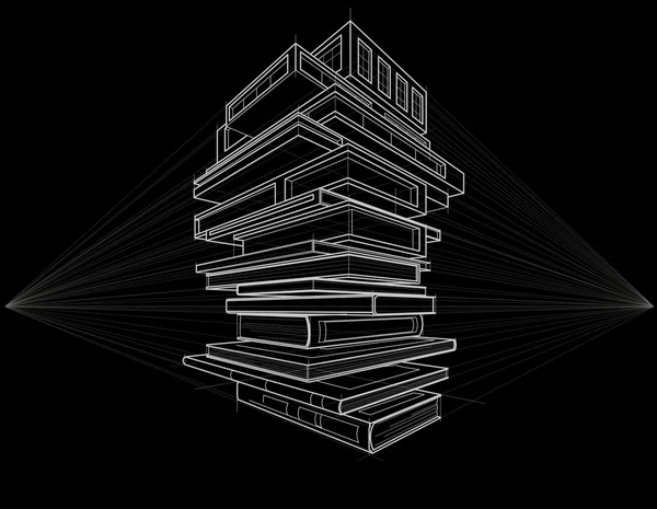 Pojem lineární náčrtek knihy transformována do budovy černé pozadí — Stockový vektor