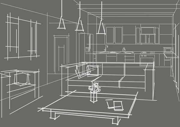 Lineární skica interiér bytu na šedém pozadí — Stockový vektor