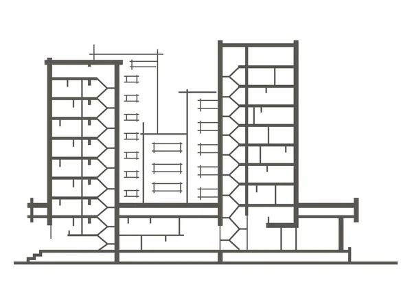 Lineare architektonische Skizze eines mehrstöckigen Gebäudes. Schnittzeichnung — Stockvektor