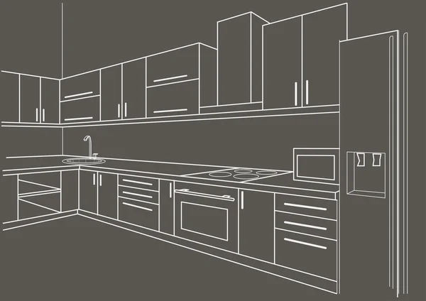 Lineaire schets interieur keuken op grijze achtergrond — Stockvector