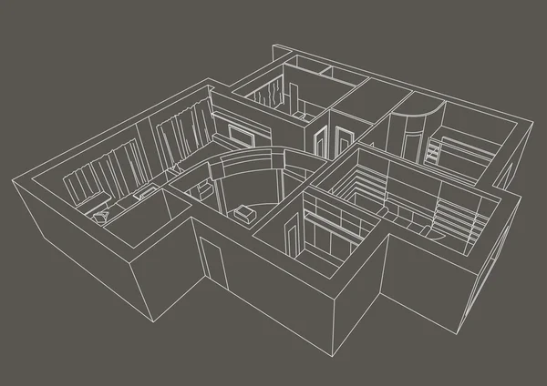 Линейный архитектурный эскиз плоский 3D серый фон — стоковый вектор