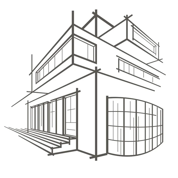 Architektonische lineare Skizze modernes Gebäude auf weißem Hintergrund — Stockvektor