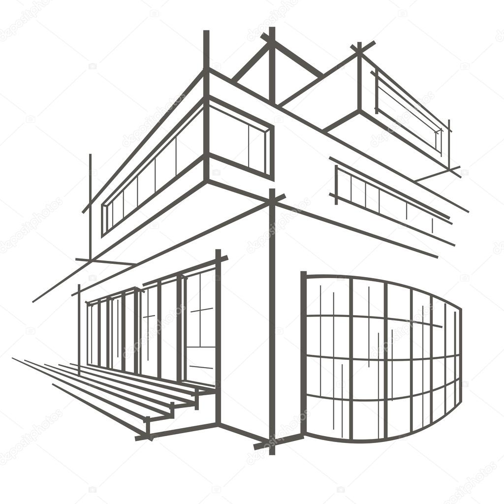 Dibujo Lineal Arquitectónico Edificio Moderno Sobre Fondo Blanco Vector