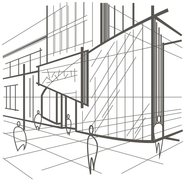 Architektonische lineare Skizze modernes Gebäude, Fragment der Straße auf weißem Hintergrund — Stockvektor