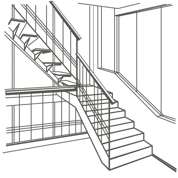 Trazado arquitectónico lineal escaleras interiores sobre fondo blanco — Vector de stock