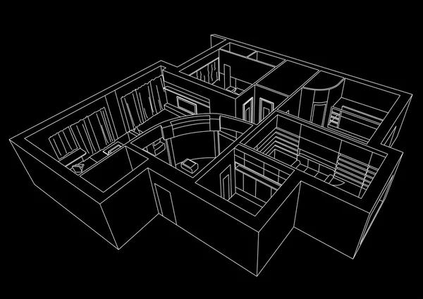 Boceto arquitectónico lineal plano 3D fondo negro — Archivo Imágenes Vectoriales