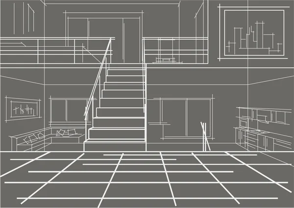 Lineaire schets moderne interieur flat in boom niveaus grijze achtergrond — Stockvector