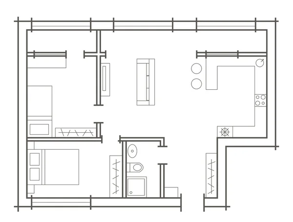 2 개의 침실 아파트의 스케치 계획 — 스톡 벡터