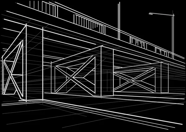 Horní cesta lineární architektonické skici na černém pozadí — Stockový vektor