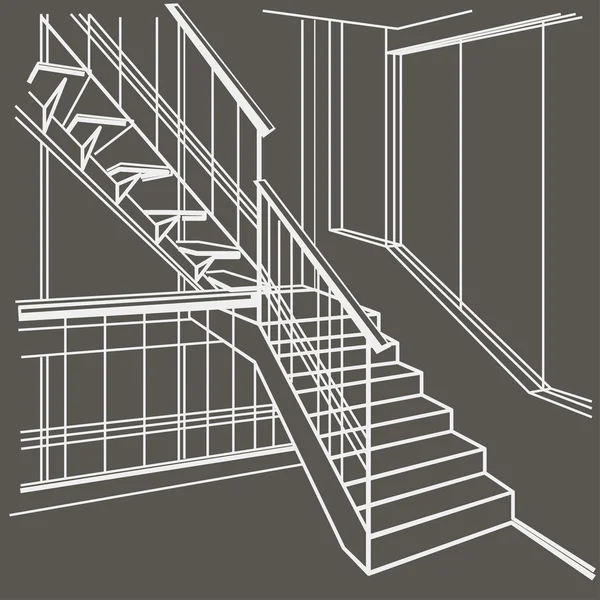 Esbozo arquitectónico lineal escaleras interiores sobre fondo gris — Vector de stock