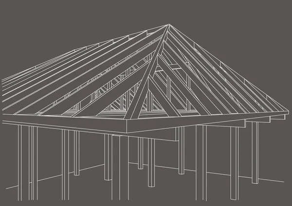 Lineaire architecturale schets houten frame huis op grijze achtergrond — Stockvector