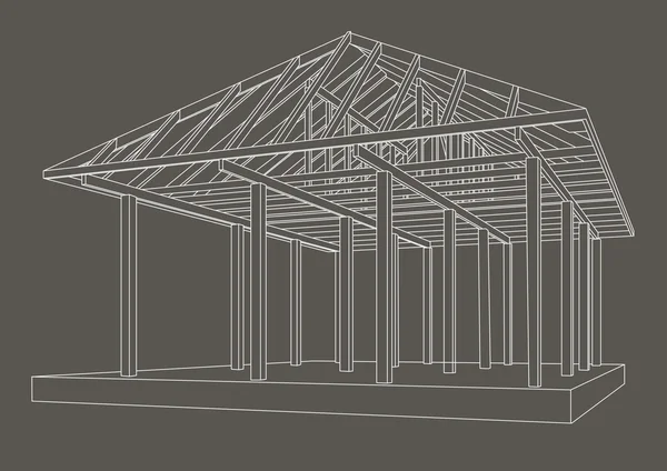 Линейный архитектурный эскиз перспективы деревянной рамы на сером фоне — стоковый вектор