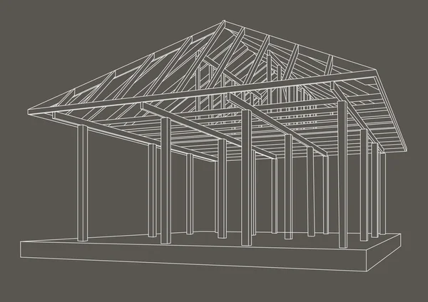 Doğrusal mimari kroki ahşap çerçeve perspektif gri arka plan üzerinde — Stok Vektör
