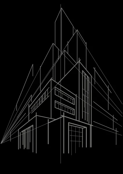 Abstrak sketsa linear bangunan multi-lantai pada latar belakang hitam - Stok Vektor