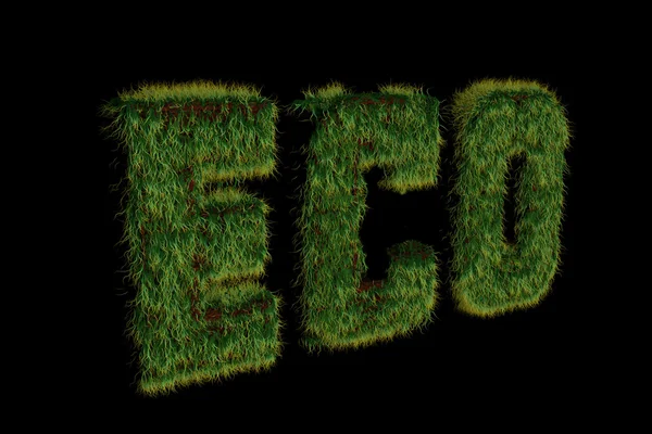 Eco met gras begroeide inscriptie op een zwarte achtergrond gemaakt in 3d — Stockfoto