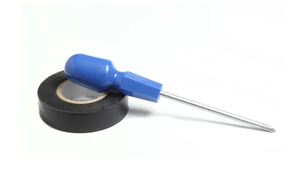 Black insulation tape and Phillips screwdriver with blue handle — Stock Photo, Image