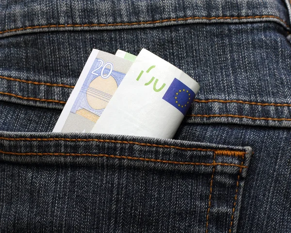 European currency banknotes in jeans pocket one hundred and twen — Stock Photo, Image