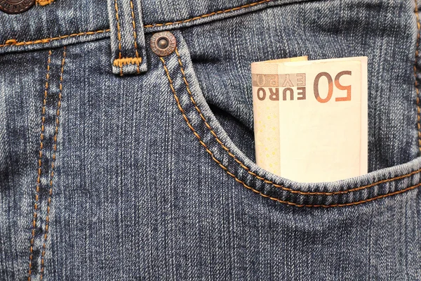 Fifty euro in the front pocket of jeans — Stock Photo, Image