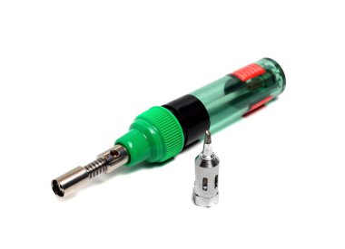 Beyaz bir arka plan üzerinde el ile lehim lambası kompakt