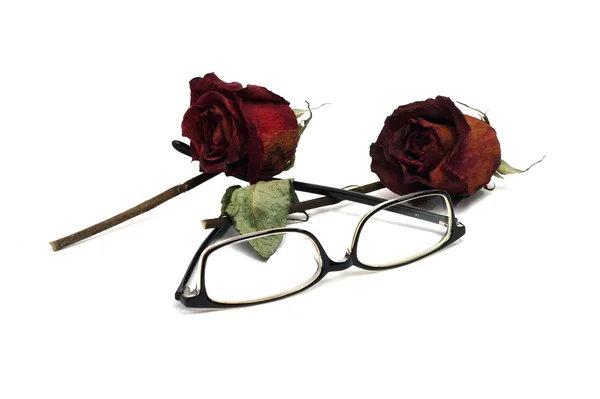 Две сушеные розы и стаканы, изолированные на белом — стоковое фото