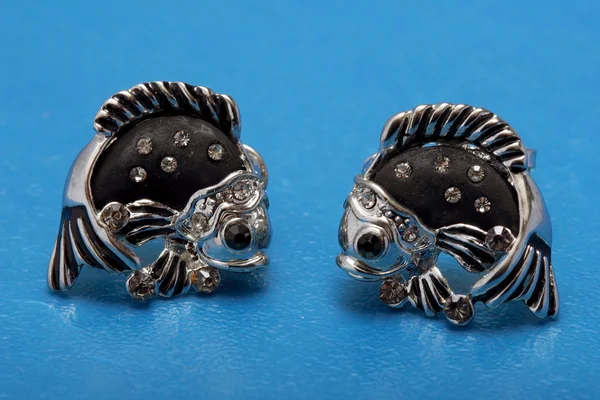 Boucles d'oreilles en argent en forme de poisson avec insert noir — Photo