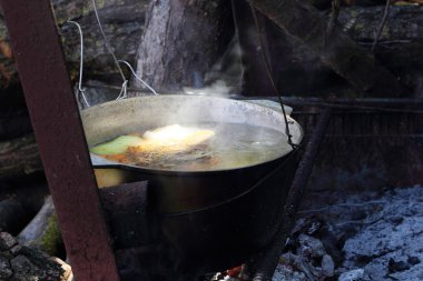 Eve bir ızgara üzerinde bir tencerede pişirme çorba