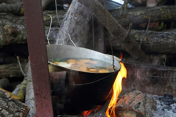 Cuisson de soupe dans une casserole sur le feu — Photo