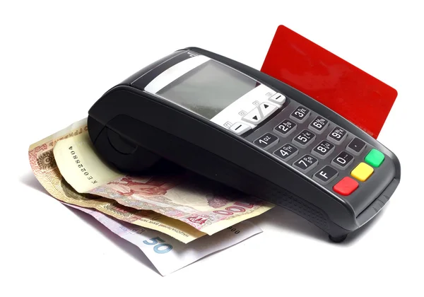 Payment terminal and Ukrainian Hryvnia — стокове фото