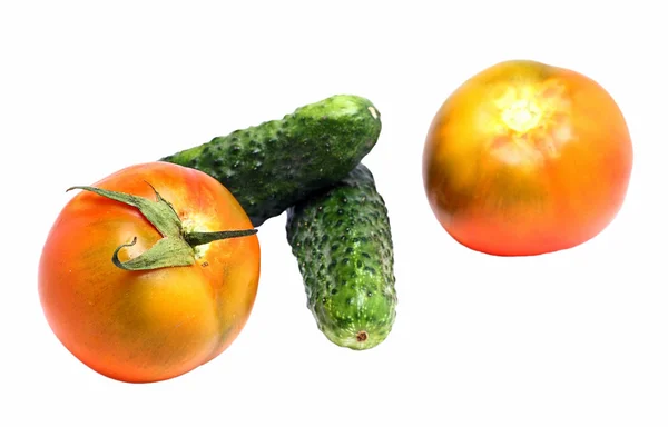 Komkommers en tomaten geïsoleerd op wit — Stockfoto