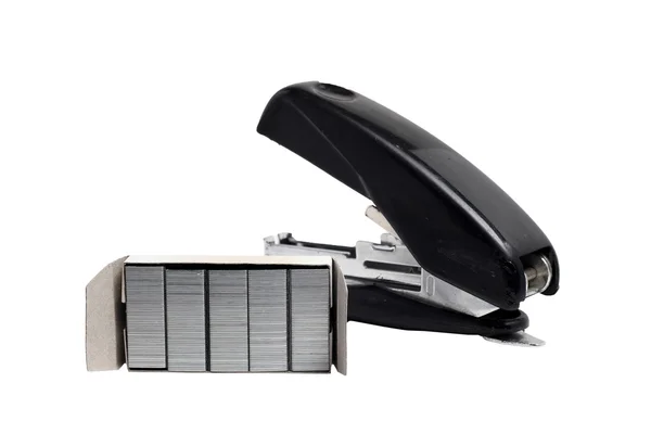 Old dusty black office stapler with straps — Stock Photo, Image