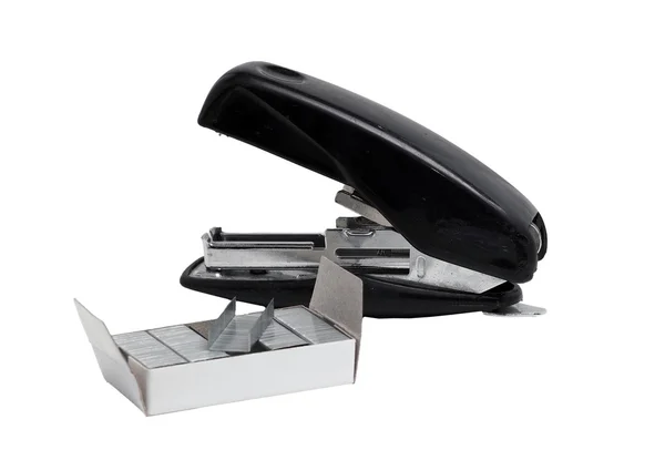 Old dusty black office stapler with straps — Stock Photo, Image