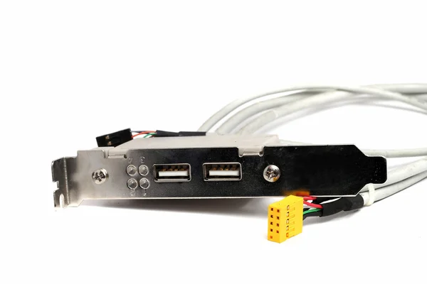 Placa de computador com portas USB no branco — Fotografia de Stock