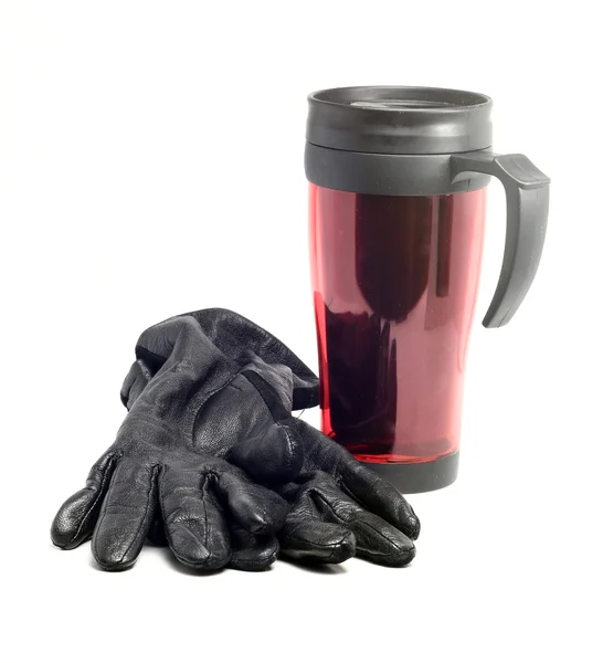 Thermocup dammiga röda och handskar — Stockfoto