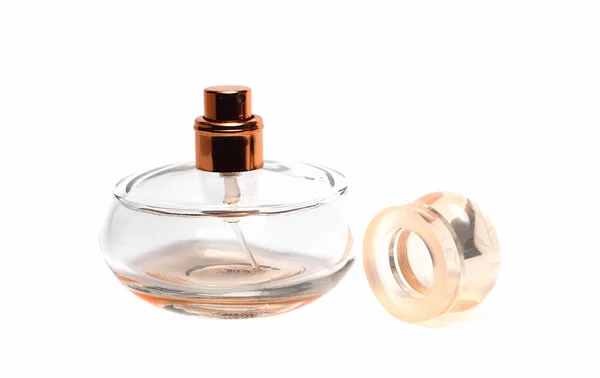 Clear glass bottle of perfume on a white background — Stock Photo, Image