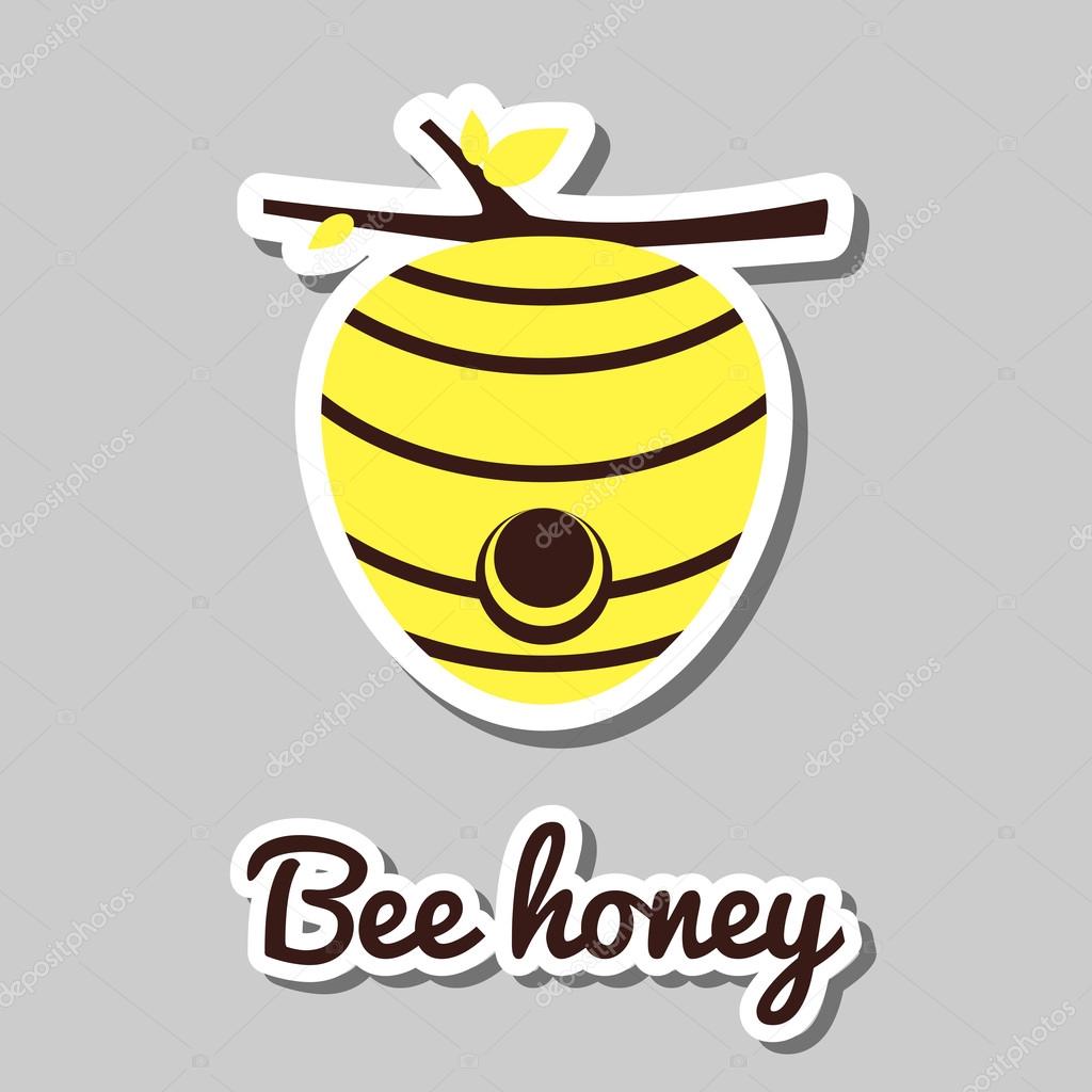 House of bees. Sticker with beehive on gray background. Vector illustration.