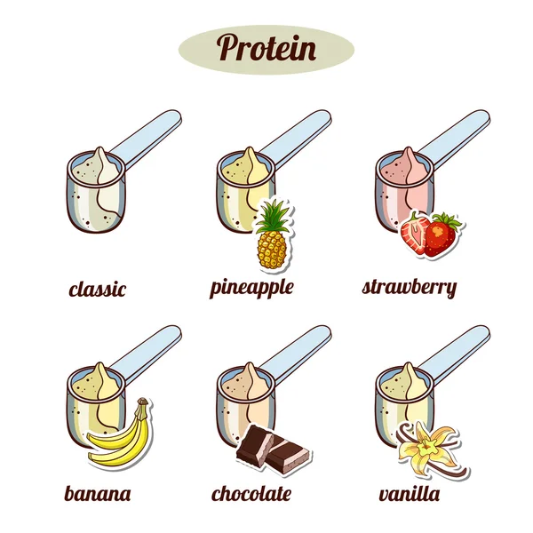 Scoops con diferentes proteínas en polvo — Vector de stock