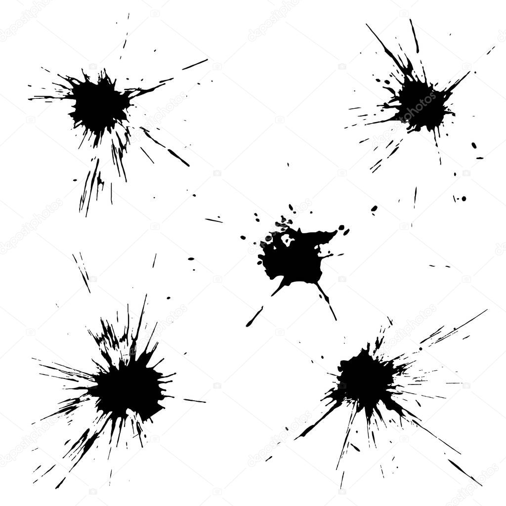 Black splashes, blots, ink drops, blood drops, splashed liquid, for the background of a postcard, banner, brochure and other designs.