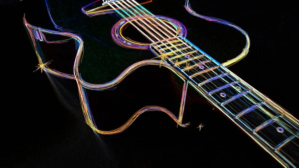 Guitar Closeup Dark Background Abstract Neon Painting — Stock Photo, Image